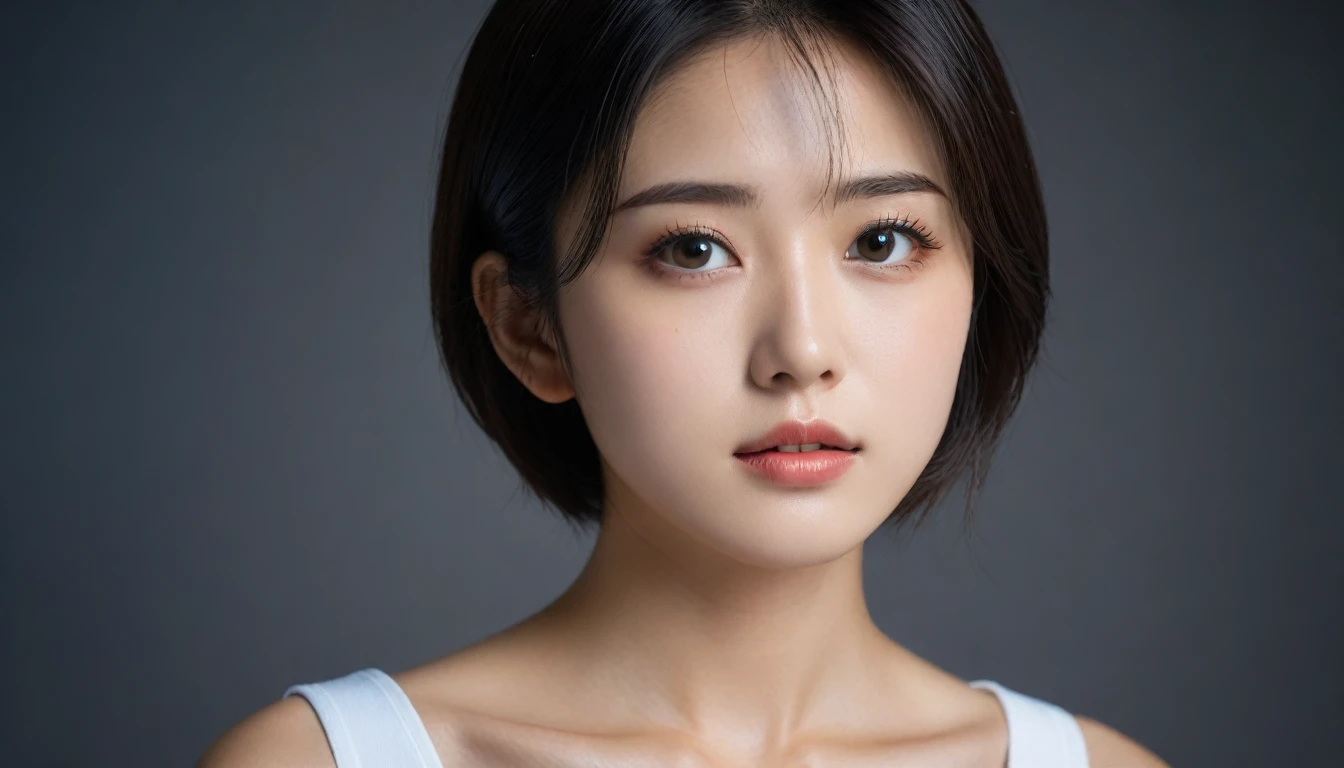 8k, Ultra-high resolution, Highest quality, masterpiece, 三分割法によるphotograph,Surreal, photograph, 1 Girl, (16 years old:1.3), pretty girl, Cute Face, Beautiful eyes in every detail, 細かくdetailedに,masterpiece,One Girl:1.2, Japan Female Announcer,extream close up,sad,streaming tears,Black short hair,Messy hair,(Nun's clothing:1.3),(印象派の美しい少女のPortraiture), (Gray background:1.3),(Impressionist light and colour),prayer,Realistic Skin, Perfect and beautiful face ,完璧でCute Face, Skin with attention to detail, Perfect limbs、Narrow waist,Looking at the audience、beauty,Long neck,clavicle,(((Ideal body type))),A cup small breasts :2,Portraiture:2,Perfect Anatomy,鮮明なdetailed,detailed,Surreal,Light and shadow,spotlight
