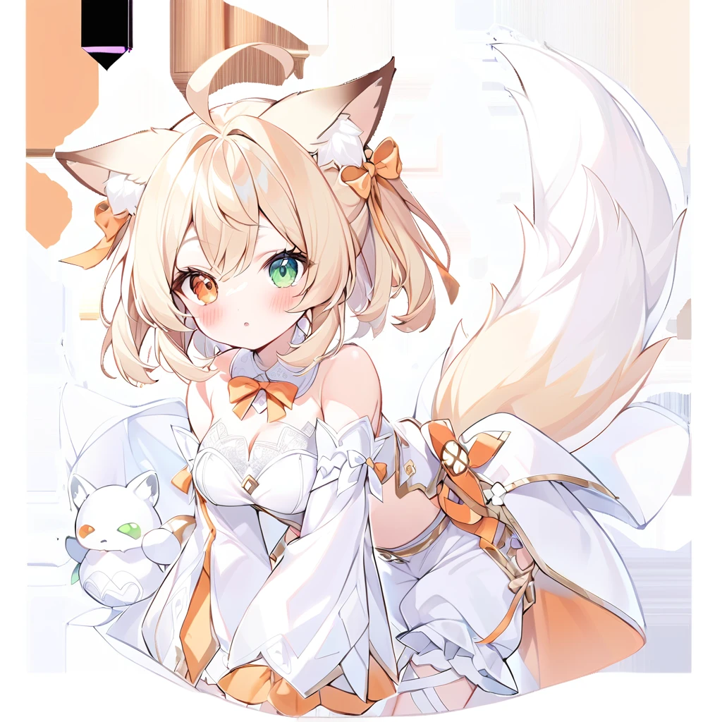 1girl, ahoge, animal ear fluff, animal ears, bangs, bare shoulders, blonde hair, , bow,  fox ears, detached collar, detached sleeves, , fox ears, green eyes, hair ribbon, heterochromia, orange bow, orange eyes, orange ribbon, parted lips, ribbon, sidelocks, solo, transparent background, twintails, virtual youtuber, white background The fox girl,1girl,short hair, The hairstyle is like Klee's,animal ears, bangs, bare shoulders, blonde hair, blush, bow, breasts, white cleavage, cropped torso, , green eyes, hair ribbon, heterochromia, , looking at viewer, , orange bow, orange eyes, orange ribbon,  ribbon, solo, stuffed animal, , , twintails, upper body, full-length, white legbands, white shoes with lace and white bows, white background, wrist cuffs, yellow eyes, bloomers, close-up, fair skin frills, lace, midriff, skirt, solo, , white background,shorts, white top with ribbon and lace and trousers,trousers, genshin,white slippers with a bow,All clothes are white, laceAt full height, it stands,bandaged hands, short hair , ankle lace-up, ankle ribbon, bow, leg ribbon, lineart, , shoes, , standing, , white bow, white footwear,