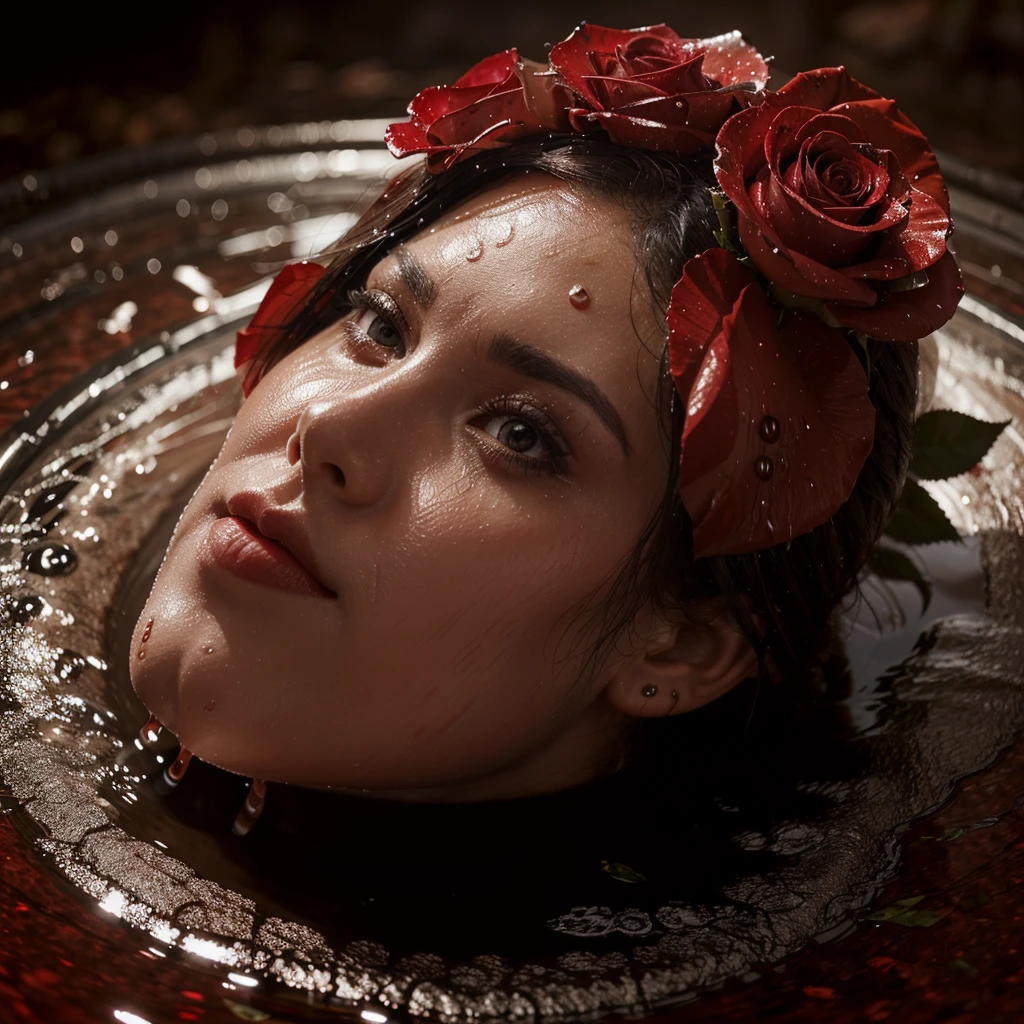 As an image of a red rose wet with drops of water around it, more red roses are super realistic