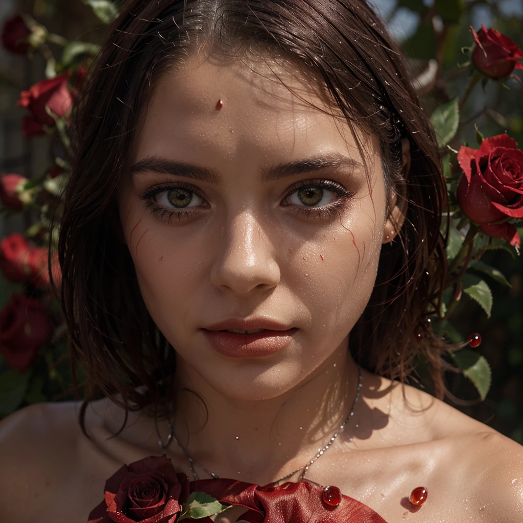 As an image of a red rose wet with drops of water around it, more red roses are super realistic