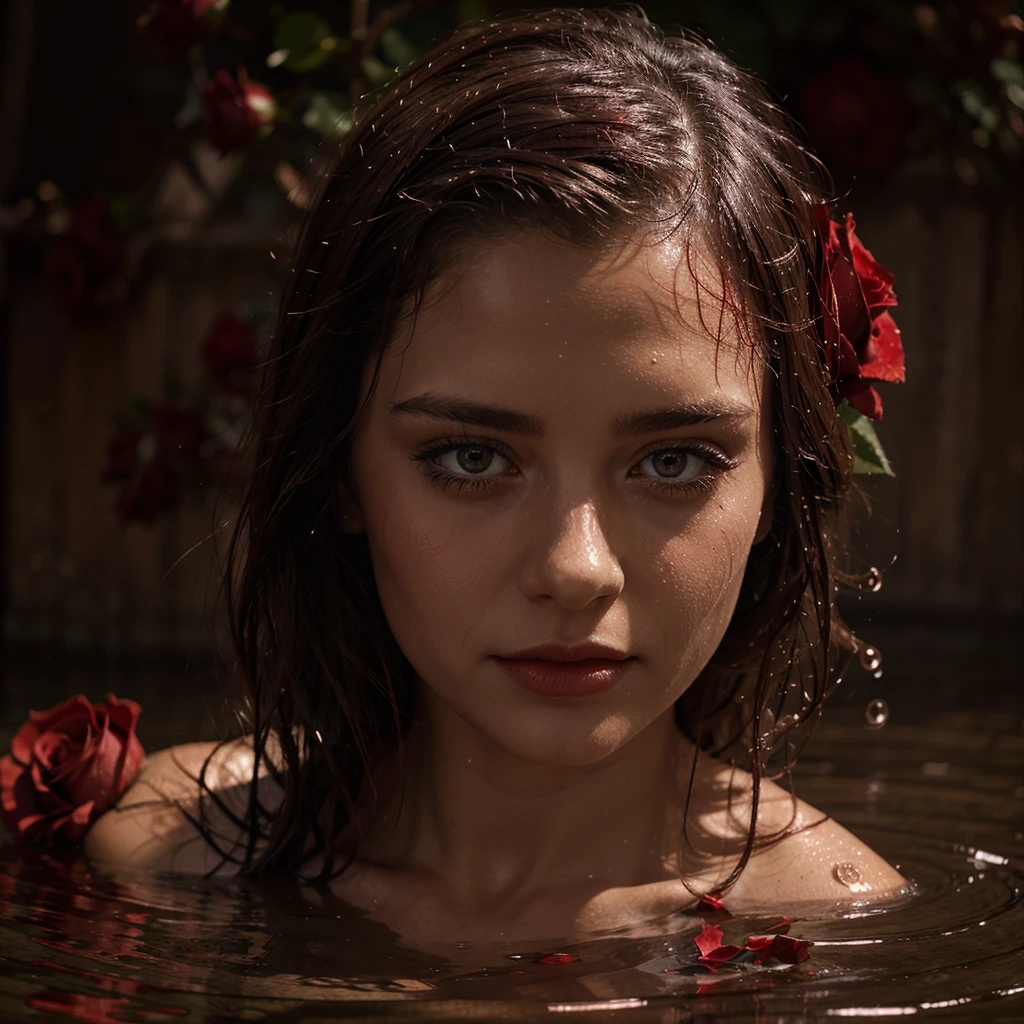 As an image of a red rose wet with drops of water around it, more red roses are super realistic 