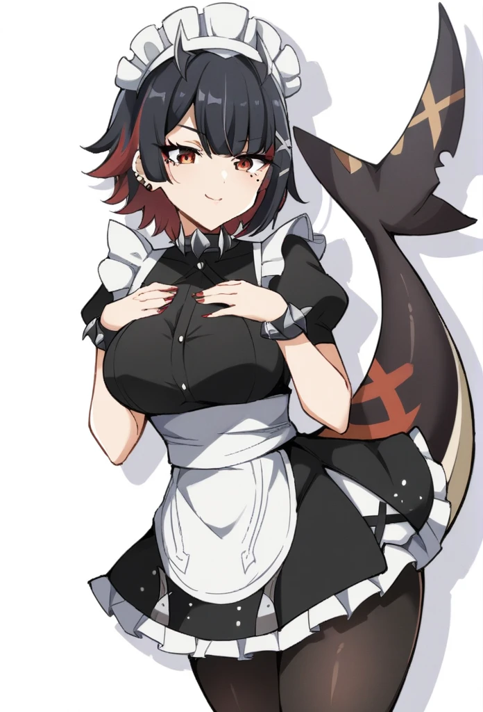 (anime art style:0.5), 2d, masterpiece, best quality, very aesthetic, absurdres, dynamic shadows, atmosferic, ellen_joe, genshin impact, (1girl), (solo), (black hair), short hair, red locks, red eyes, detailed eyes, mole under eye, hair between eyes, bangs, medium breasts, curvy body, makeup, tail, fish tail, black pantyhose, pantyhose rhombus pattern, spiked choker, spiked bracelet, spiked headress, x hair ornament, ear piercing, red nail polish, maid, maid headress, white apron, black dress, puffy short sleeves, covered collarbone, black high heels, parted skirt, (sexy smile), (cowboy shot), hands on own chest, (back view), looking at back, (white background), (simple background)