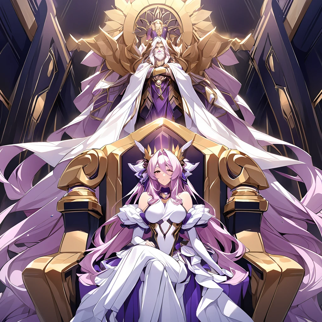 ((Highest quality)), ((masterpiece)), (detailed), （Perfect Face）、Women are divine in both mind and body, like the Greek goddess Hera.々Hera, the wife of Zeus, king of the gods、The woman is the queen of the one and only god, Zeus, the goddess Hera. She has medium-long hair, an engagement ring, and gorgeous accessories. She is an elegant, graceful, and beautiful goddess, and is the wife of Zeus.、The woman is seen sitting on a magnificent throne in the temple, next to a stately, bearded, old man named Zeus.