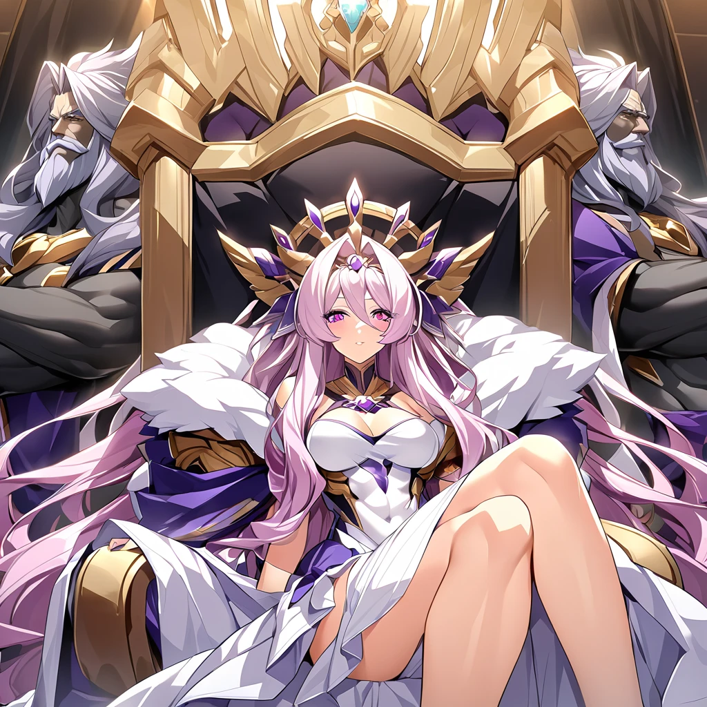 ((Highest quality)), ((masterpiece)), (detailed), (Perfect Face)、Women are divine in both mind and body, like the Greek goddess Hera.々Hera, the wife of Zeus, king of the gods、The woman is the queen of the one and only god, Zeus, the goddess Hera. She has medium-long hair, an engagement ring, and gorgeous accessories. She is an elegant, graceful, and beautiful goddess, and is the wife of Zeus.、The woman is seen sitting on a magnificent throne in the temple, next to a stately, bearded, old man named Zeus.