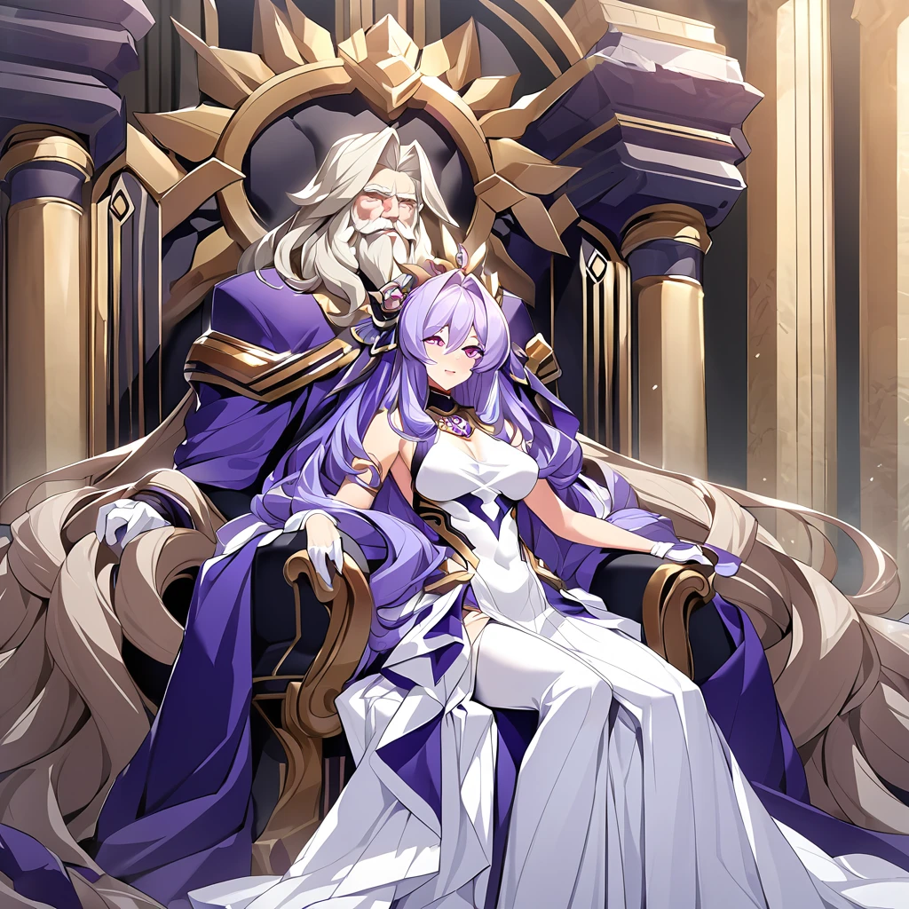 ((Highest quality)), ((masterpiece)), (detailed), （Perfect Face）、Women are divine in both mind and body, like the Greek goddess Hera.々Hera, the wife of Zeus, king of the gods、The woman is the queen of the one and only god, Zeus, the goddess Hera. She has medium-long hair, an engagement ring, and gorgeous accessories. She is an elegant, graceful, and beautiful goddess, and is the wife of Zeus.、The woman is seen sitting on a magnificent throne in the temple, next to a stately, bearded, old man named Zeus.