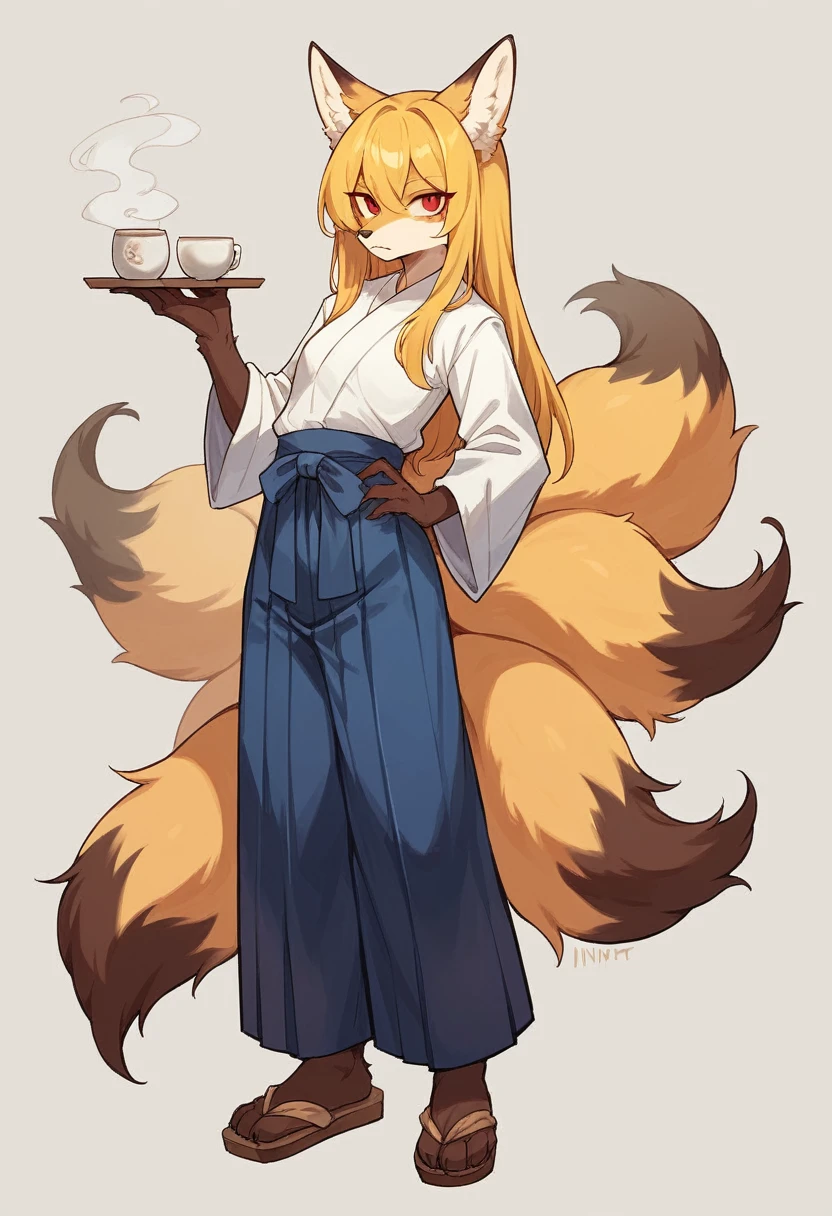 (full body,The left hand is on the hip and the right hand is out in front,)),small breasts,Fox woman, Furry, Golden fur, Golden facial fur, long golden hair, The hair on his hands is golden, Golden yellow hair on the back of the hand, Light-filled eyes, Red eyes, Brown elements of fur,Navy blue hakama,Very fine fur, Fluffy tail,Nine tails A cup