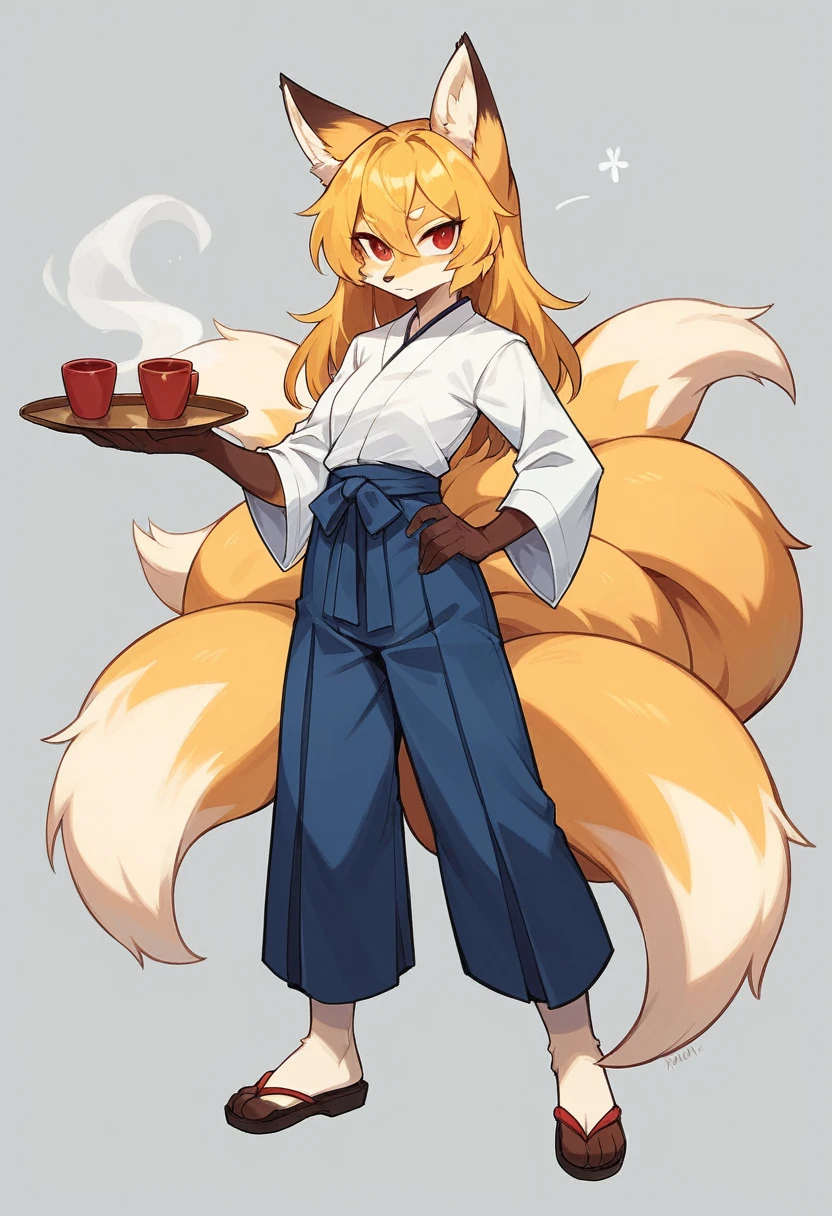 (full body,The left hand is on the hip and the right hand is out in front,)),small breasts,Fox woman, Furry, Golden fur, Golden facial fur, long golden hair, The hair on his hands is golden, Golden yellow hair on the back of the hand, Light-filled eyes, Red eyes, Brown elements of fur,Navy blue hakama,Very fine fur, Fluffy tail,Nine tails A cup