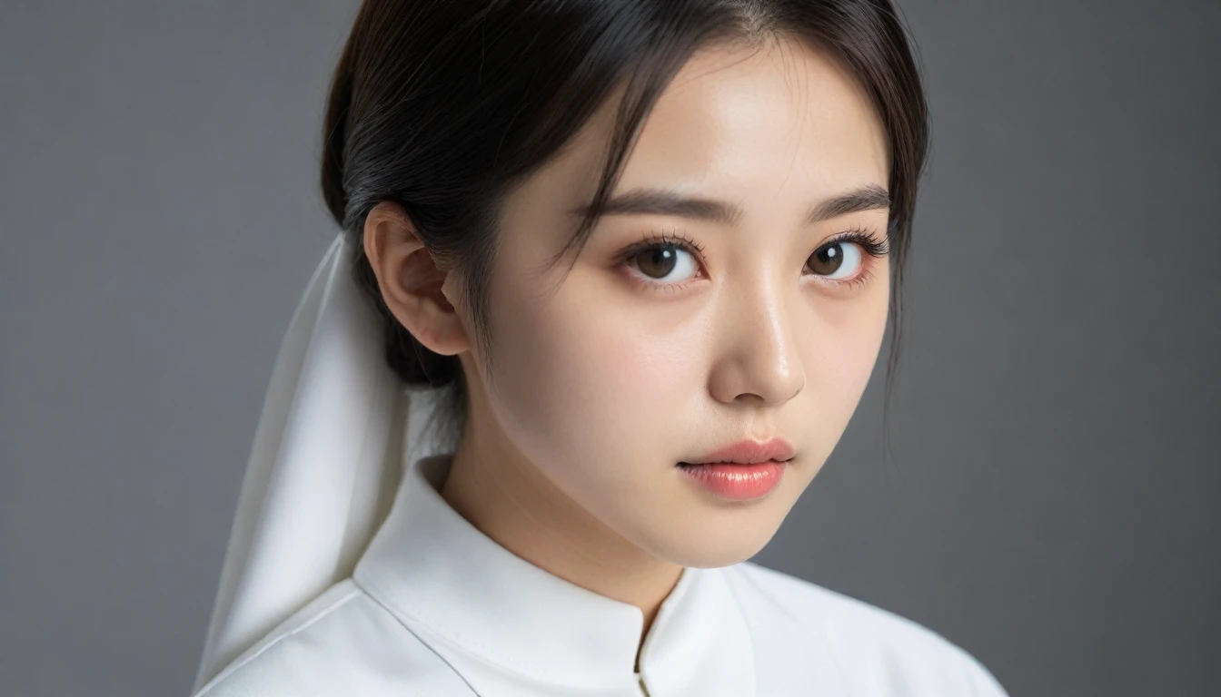 8k, Ultra-high resolution, Highest quality, masterpiece, 三分割法によるphotograph,Surreal, photograph, 1 Girl, (:1.3), pretty girl, Cute Face, Beautiful eyes in every detail, 細かくdetailedに,masterpiece,One Girl:1.2, Japan Female Announcer,extream close up,sad,streaming tears,Black short hair,Messy hair,(Nun's clothing:1.3),(印象派の美しい少女のPortraiture), (Gray background:1.3),(Impressionist light and colour),prayer,Realistic Skin, Perfect and beautiful face ,完璧でCute Face, Skin with attention to detail, Perfect limbs、Narrow waist,Looking at the audience、beauty,Long neck,clavicle,(((Ideal body type))),A cup small breasts :2,Portraiture:2,Perfect Anatomy,鮮明なdetailed,detailed,Surreal,Light and shadow,spotlight