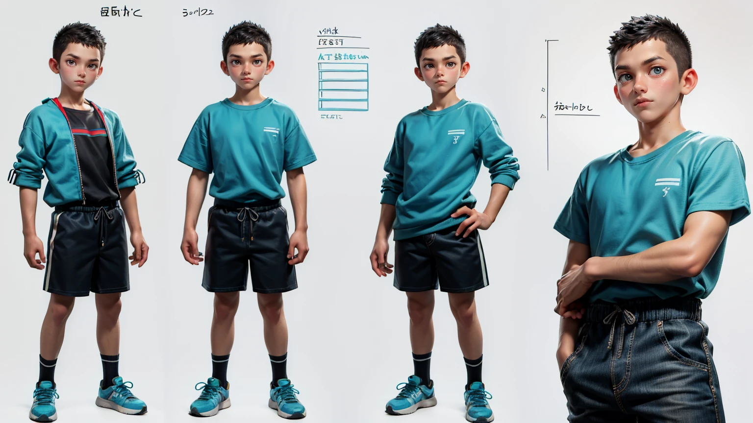 cute face boy, cute face, short height boy, wearing casual Turquoise color full dress, full standing pose, Crew Cut hairs, Crew Cut hairs style , sports shoes, Character Sheet, 12 yo student, Full body, Simple white background, front pose character reference sheet, Concept art, design sheet