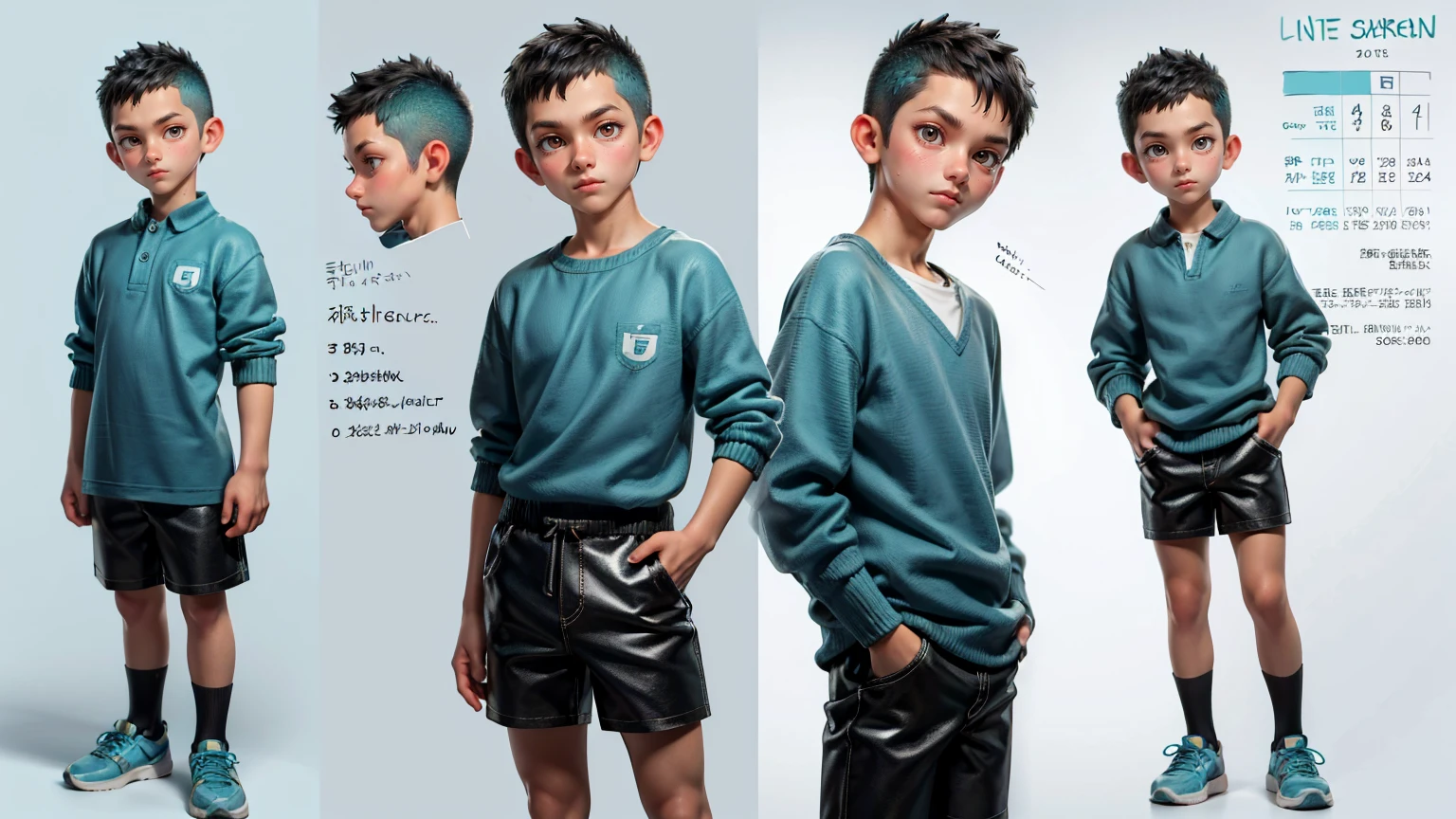 cute face boy, cute face, short height boy, wearing casual Turquoise color full dress, full standing pose, Crew Cut hairs, Crew Cut hairs style , sports shoes, Character Sheet, 12 yo student, Full body, Simple white background, front pose character reference sheet, Concept art, design sheet