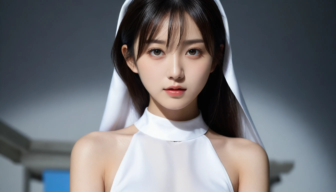 8k, Ultra-high resolution, Highest quality, masterpiece, 三分割法によるphotograph,Surreal, photograph, 1 Girl, (:1.3), pretty girl, Cute Face, Beautiful eyes in every detail, 細かくdetailedに,masterpiece,One Girl:1.2, Japan Female Announcer,extream close up,sad,streaming tears,Black short hair,Messy hair,(Nun's clothing:1.3),(印象派の美しい少女のPortraiture), (Gray background:1.3),(Impressionist light and colour),prayer,Realistic Skin, Perfect and beautiful face ,完璧でCute Face, Skin with attention to detail, Perfect limbs、Narrow waist,Looking at the audience、beauty,Long neck,clavicle,(((Ideal body type))),A cup small breasts :2,Portraiture:2,Perfect Anatomy,鮮明なdetailed,detailed,Surreal,Light and shadow,spotlight