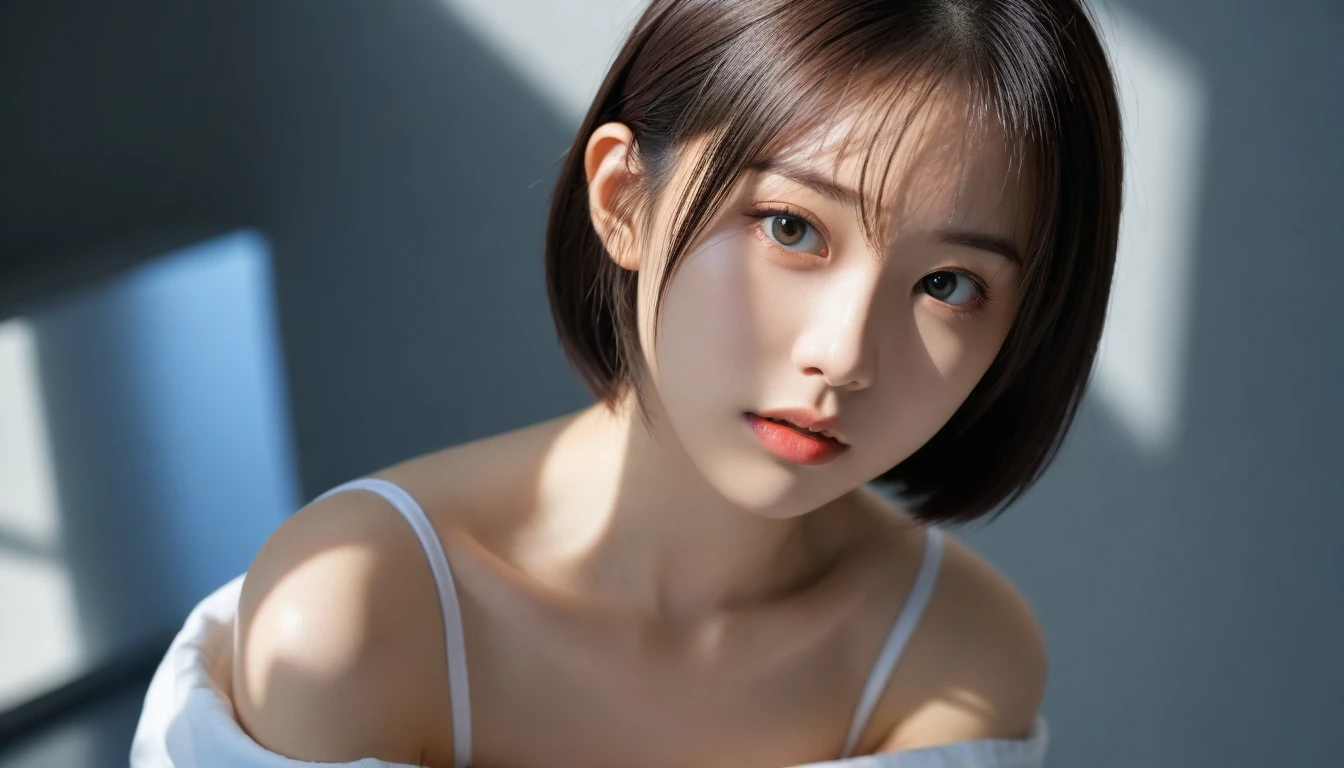 8k, Ultra-high resolution, Highest quality, masterpiece, 三分割法によるphotograph,Surreal, photograph, 1 Girl, (16 years old:1.3), pretty girl, Cute Face, Beautiful eyes in every detail, 細かくdetailedに,masterpiece,One Girl:1.2, Japan Female Announcer,extream close up,sad,streaming tears,Black short hair,Messy hair,(Nun's clothing:1.3),(印象派の美しい少女のPortraiture), (Gray background:1.3),(Impressionist light and colour),prayer,Realistic Skin, Perfect and beautiful face ,完璧でCute Face, Skin with attention to detail, Perfect limbs、Narrow waist,Looking at the audience、beauty,Long neck,clavicle,(((Ideal body type))),A cup small breasts :2,Portraiture:2,Perfect Anatomy,鮮明なdetailed,detailed,Surreal,Light and shadow,spotlight