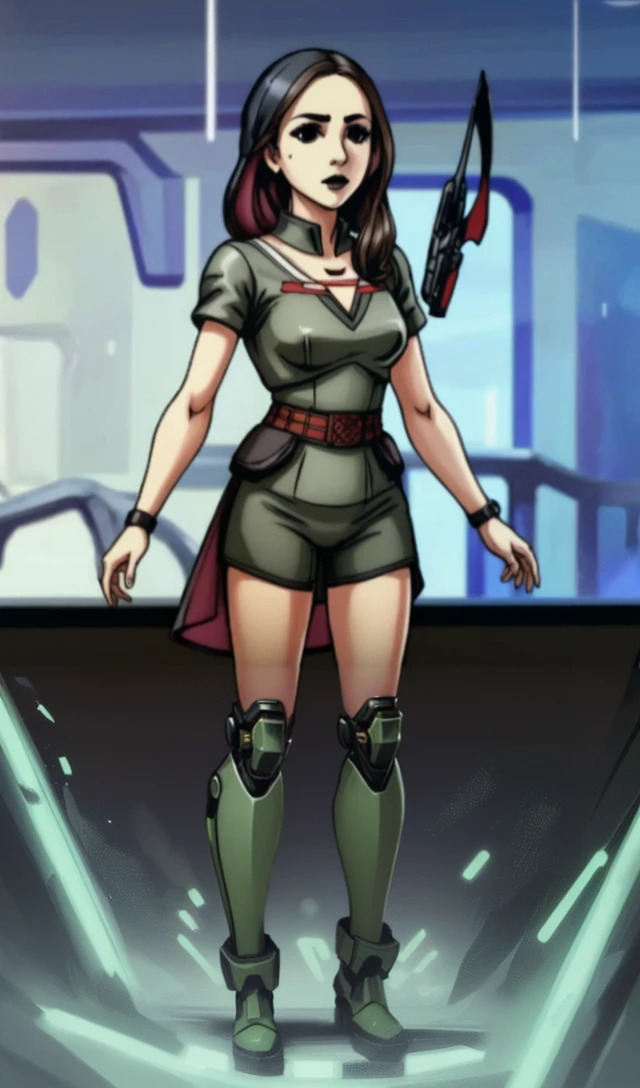 a close up of a cartoon of a woman, cyborg merchant girl, cyborg merchant woman, as a retrofuturistic heroine, android heroine, cyborg noble woman, female spy, light green clothes, bare legs, black boots, standing