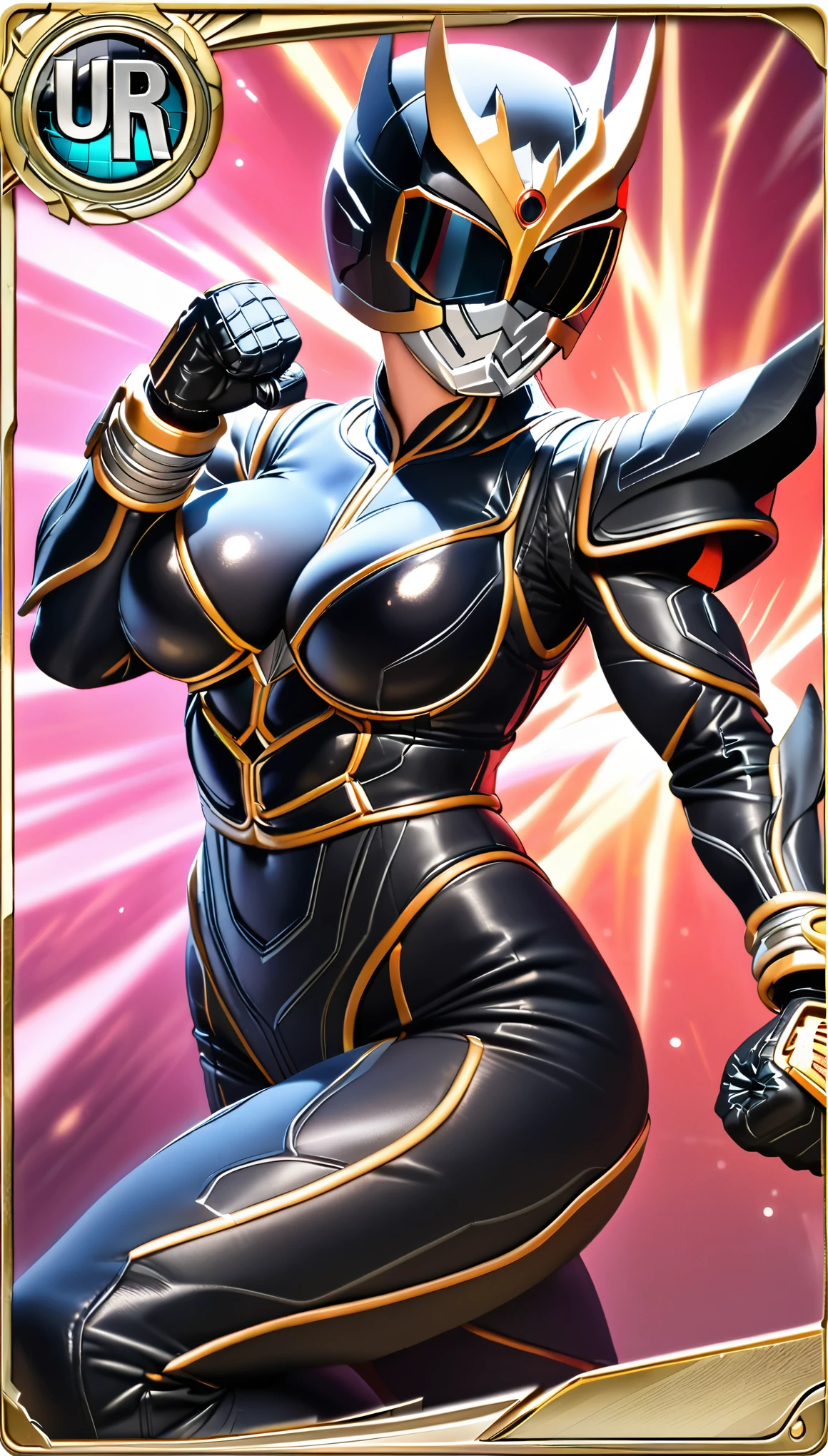 (masterpiece:1.2,Highest quality,Highest quality,High resolution,Very detailed),8k,1 female,Mature female heroine,((Female Kamen Rider)),(dynamic fighting pose:1.5),(Dynamic hair movement:1.2),(short hair),(Kamen Rider Helmet:1.3),(Shiny Kamen Rider Suit:1.3),(Glowing Skin,Big eyes,Droopy eyes,Long eyelashes,Beautiful thighs,Beautiful Hair,Beautiful Face,Beautiful Eyes,Beautiful body,Beautiful breasts,Beautiful feet,Beautiful fingers,Muscular,Voluptuous),((hands)),((Rider Punch:1.5)),(Serious),(The background is Prism Flash),((Beautiful trading cards,Gold Card)),((KuugaUltimater))