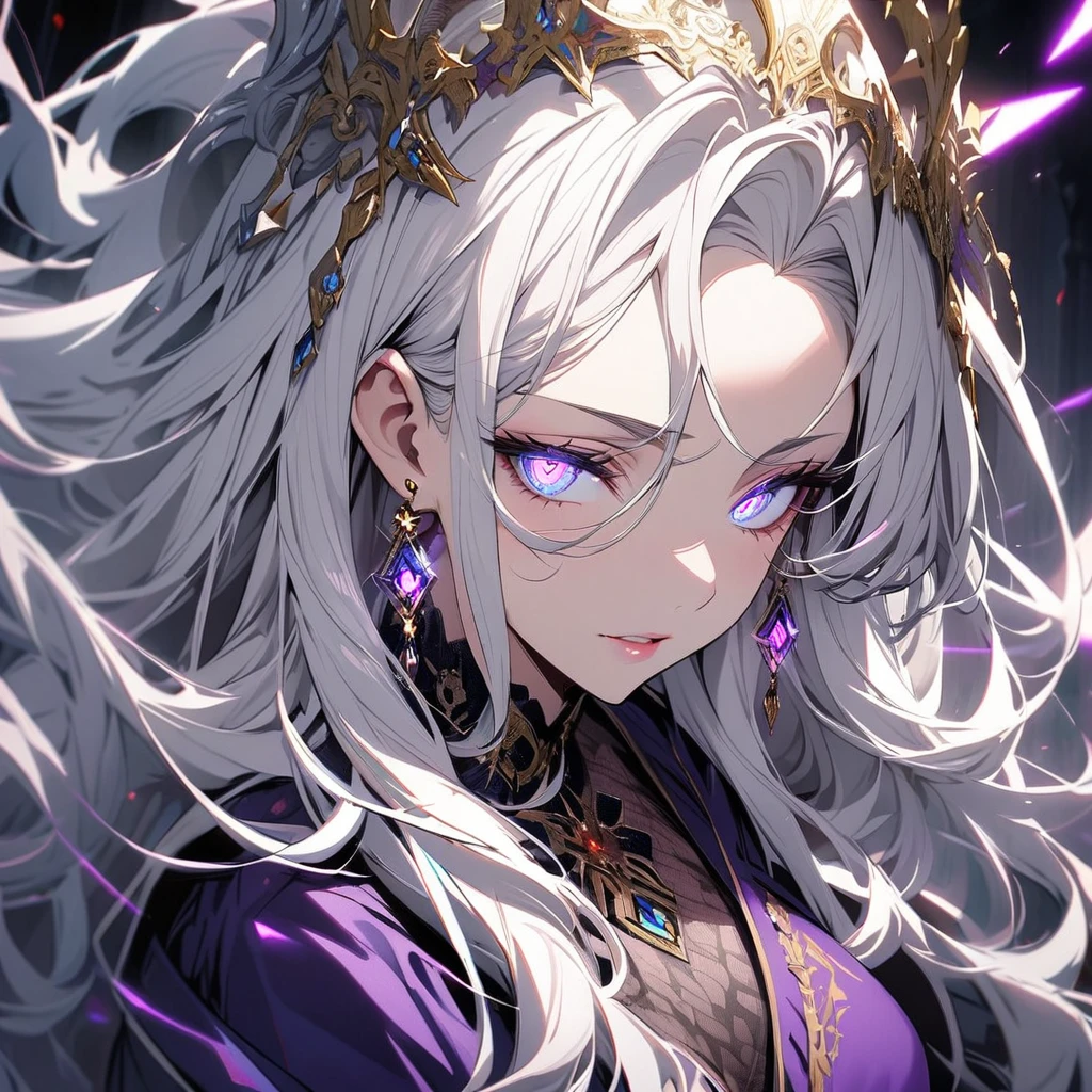 woman, long hair, white hair, mature, god eyes, diamond earings, two colors eyes, one blue eye, one purple eye, glowing eyes, beautiful, detailed