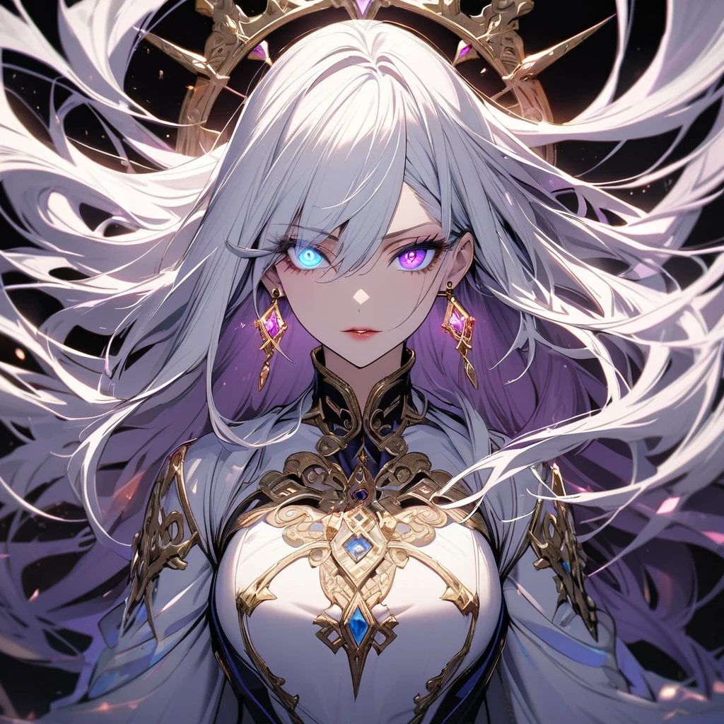 woman, long hair, white hair, mature, god eyes, diamond earings, two colors eyes, one blue eye, one purple eye, glowing eyes, beautiful, detailed