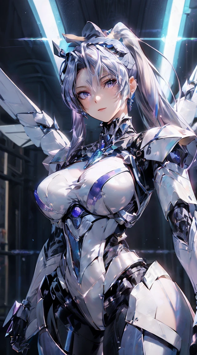 ((Intense action pose:1.6))、((Shining lenses on both breasts:1.3))、((Blue pillars of light are emanating from both chests.:1.3))、smile、((8k)), ((32K)), ((Highest quality)), ((masterpiece)), ((超A high resolution)), ((Tmasterpiece)), ((Halation:1.4))、((MechaニカルHeadgear:1.2))、((Cyber Headphones:1.3))、Fine skin, High quality fabric, Fine metal texture、((High ponytail:1.6))、((Beautiful and dense face))、RAW Photos、Professional, Ultra-fine painting, ((alone)), Beautiful breasts、Highest quality, Very detailed, Very detailed, Finer details, so beautiful, ((Princess Knight Robot:1.2)),  (Joints of machines, Mechanical Limbs:1.3), (The internal structure of the machine is exposed:1.3), (Long silver hair:1.1), (Beautiful and huge mechanical breasts)、White Veil, cowboy_shot, Side Focus, Headgear, Shiny、(Five Fingers, Four fingers and thumb),Concept Art, Anime fantasy artwork, Detailed fantasy art, (with pale blue-violet hair and large white wings,,,,,,,), (((Long silver hair))), (Mecha:1.6)、Sleek and intimidating design, ((Commander-in-Chief&#39;arm)), (Perfect robot body)、Pure white and blue-purple arm or, Symmetrical wings, 8K high quality, detailed art, 3D rendering of character art in 8K, neat legs, Defined, Defined fingers,