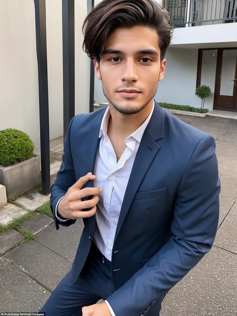 22-year-old Brazilian man in a suit with his hand in his pocket, short hair without beard, no quarto selfie 🤳🏽 realista, and great quality  
