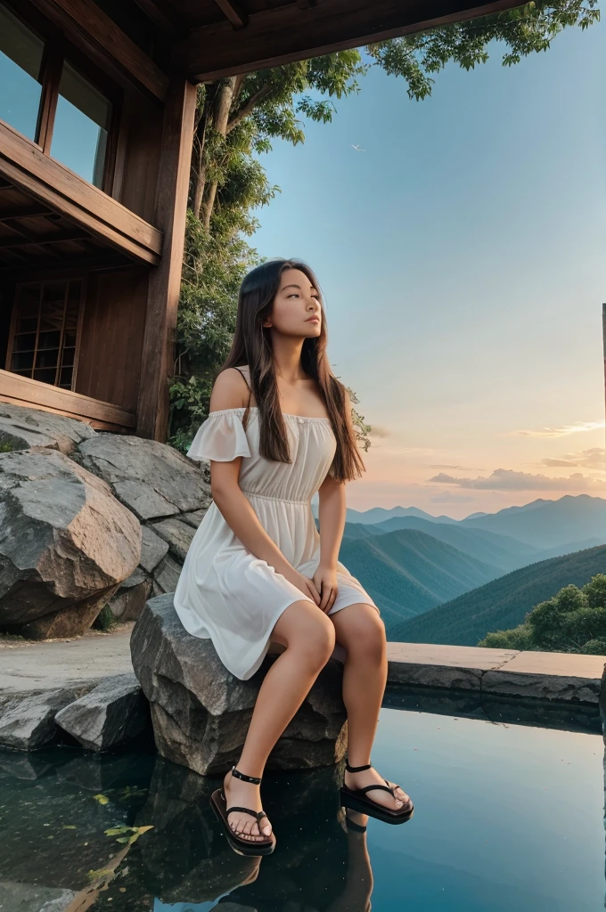 1girl, instrument, playing_instrument, scenery, music, solo, outdoors, sitting, sandals, cloud, holding_instrument, mountain, dress, reflection, sky, water, tree, holding, brown_hair, rock, long_hair, white_dress, evening, wide_shot, sunset, bug, butterfly, architecture, leaf, east_asian_architecture, mountainous_horizon, black_hair