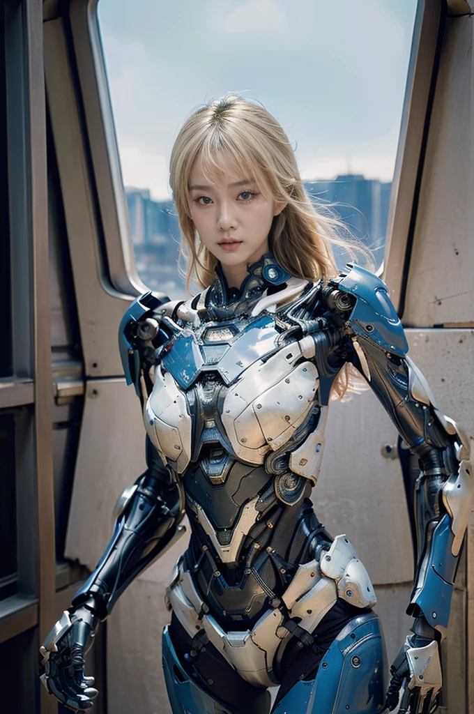 best quality, 1080P, Masterpiece, Whole body photo, Ultra high resolution, photorealistic photo, ultra realism, Realistic skin texture, Light blonde hair, Extreme skin detail, dslr, Detailed eyes, Facing the camera, very beautiful face, Concise facial structure, Pale skin, Realistic skin texture, Extreme skin detail, oc render reflection textures, Realistic light and shadow, Single picture, alone, The body is slim and balanced., Age 20, Height 170, ????? girl, NUDE, no underwear, A girl with the body of a mechanical robot., blue dress, Transparent futuristic black glass mech armor suit, The mechanical ?????? is attached to the neck., flat stomach, Woman with perfect mechanical arms and legs, full body view, Whole body photo,