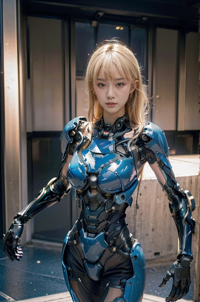 best quality, 1080P, Masterpiece, Whole body photo, Ultra high resolution, photorealistic photo, ultra realism, Realistic skin texture, Light blonde hair, Extreme skin detail, dslr, Detailed eyes, Facing the camera, very beautiful face, Concise facial structure, Pale skin, Realistic skin texture, Extreme skin detail, oc render reflection textures, Realistic light and shadow, Single picture, alone, The body is slim and balanced., Age 20, Height 170, naked girl, NUDE, no underwear, A girl with the body of a mechanical robot., blue dress, Transparent futuristic black glass mech armor suit, The mechanical cervix is attached to the neck., flat stomach, Woman with perfect mechanical arms and legs, full body view, Whole body photo,