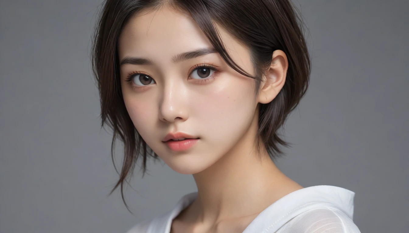 8k, Ultra-high resolution, Highest quality, masterpiece, 三分割法によるphotograph,Surreal, photograph, 1 Girl, (:1.3), pretty girl, Cute Face, Beautiful eyes in every detail, 細かくdetailedに,masterpiece,One Girl:1.2, Japan Female Announcer,extream close up,sad,streaming tears,Black short hair,Messy hair,(Nun's clothing:1.3),(印象派の美しい少女のPortraiture), (Gray background:1.3),(Impressionist light and colour),prayer,Realistic Skin, Perfect and beautiful face ,完璧でCute Face, Skin with attention to detail, Perfect limbs、Narrow waist,Looking at the audience、beauty,Long neck,clavicle,(((Ideal body type))),A cup small breasts :2,Portraiture:2,Perfect Anatomy,鮮明なdetailed,detailed,Surreal,Light and shadow,spotlight