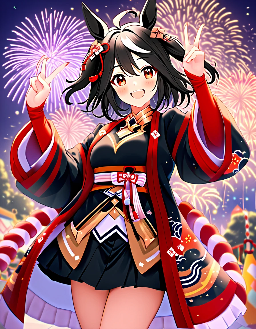 Ultra-high resolution, Highest quality, 8k,Horse Girl,Kitasan Black,162 cm,Bust 85,Waist 56,Hip 88,Festivals,firework,A happy smile,Cute pose,Five fingers on a hand