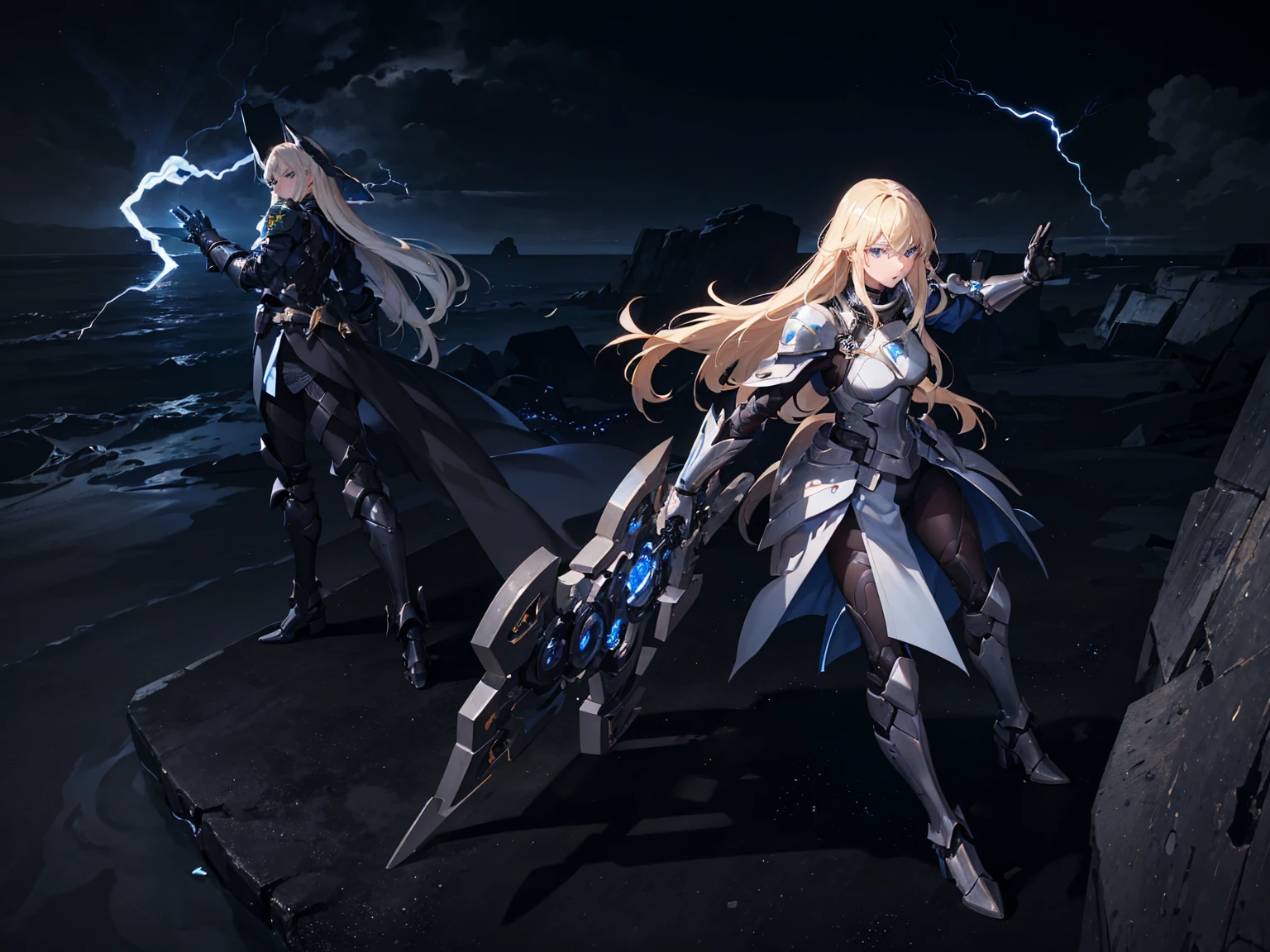 18 years old, blond hair, flowing blond hair, blue eyes, in a full body black armor, futuristic, masterpiece, high quality, with a lightning energy in hand, shoulders exposed, gloves, ready to fight pose, 4k, overhead view