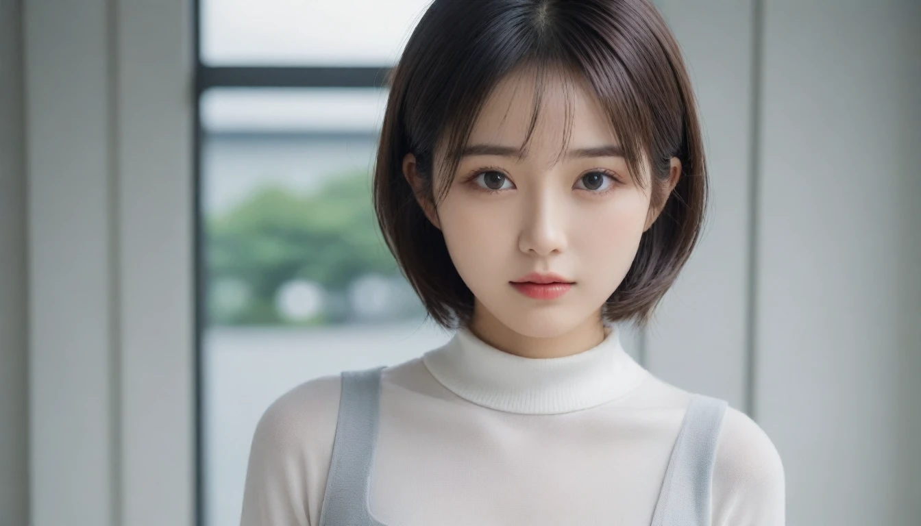 8k, Ultra-high resolution, Highest quality, masterpiece, 三分割法によるphotograph,Surreal, photograph, 1 Girl, (:1.3), pretty girl, Cute Face, Beautiful eyes in every detail, 細かくdetailedに,masterpiece,One Girl:1.2,Japan Female Teachers,full body,Serious expression,Black short hair,Blunt bangs,Sit in a big chair,Brutal Cyberpunk Woman,(Bloomer outfit:1.3), (Post-apocalyptic scenarios:1.2),Expression of despair,Captivating thighs,Beautiful leg line beauty,bracelet, chest, choker, clavicle, Earrings,Gray background ,Perfect and beautiful face ,完璧でCute Face, Skin with attention to detail, Perfect limbs、Narrow waist,Looking at the audience,(((Ideal body type))),Aカップの小さなchest :2,Portraiture:2,Perfect Anatomy,鮮明なdetailed,detailed,Surreal,Light and shadow,spotlight