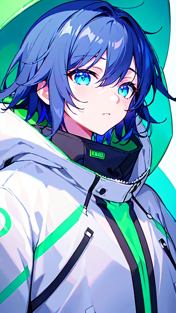 [(WHITE BACKGROUND:1.5),::5], ((((masterpiece)))), high quality, ultra very high resolution, full color, (((solo))), ((younger boy)), dark Blue hair coverd eyes, (green eyes), anime, ((upper body)), gray parka, neon light, parka food, 