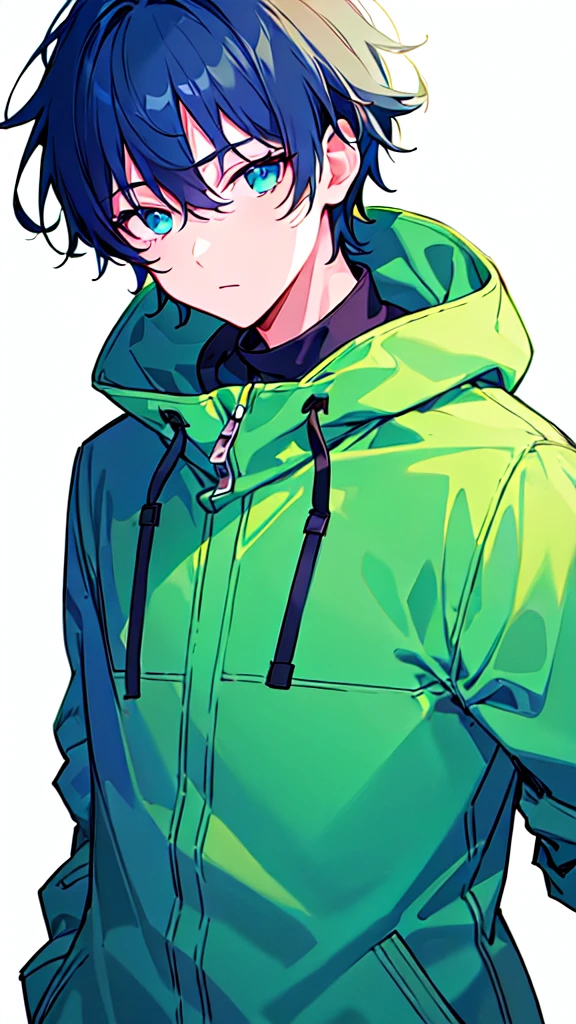 [(WHITE BACKGROUND:1.5),::5], ((((masterpiece)))), high quality, ultra very high resolution, full color, (((solo))), ((younger boy)), dark Blue hair coverd eyes, (green eyes), anime, ((upper body)), gray parka, neon light, parka food, 