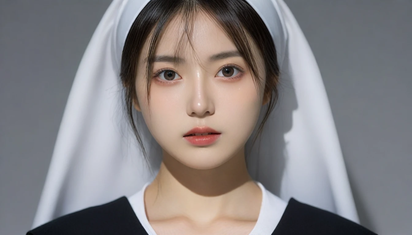 8k, Ultra-high resolution, Highest quality, masterpiece, 三分割法によるphotograph,Surreal, photograph, 1 Girl, (16 years old:1.3), pretty girl, Cute Face, Beautiful eyes in every detail, 細かくdetailedに,masterpiece,One Girl:1.2, Japan Female Announcer,extream close up,sad,streaming tears,Black short hair,Messy hair,(Nun's clothing:1.3),(印象派の美しい少女のPortraiture), (Gray background:1.3),(Impressionist light and colour),prayer,Realistic Skin, Perfect and beautiful face ,完璧でCute Face, Skin with attention to detail, Perfect limbs、Narrow waist,Looking at the audience、beauty,Long neck,clavicle,(((Ideal body type))),A cup small breasts :2,Portraiture:2,Perfect Anatomy,鮮明なdetailed,detailed,Surreal,Light and shadow,spotlight