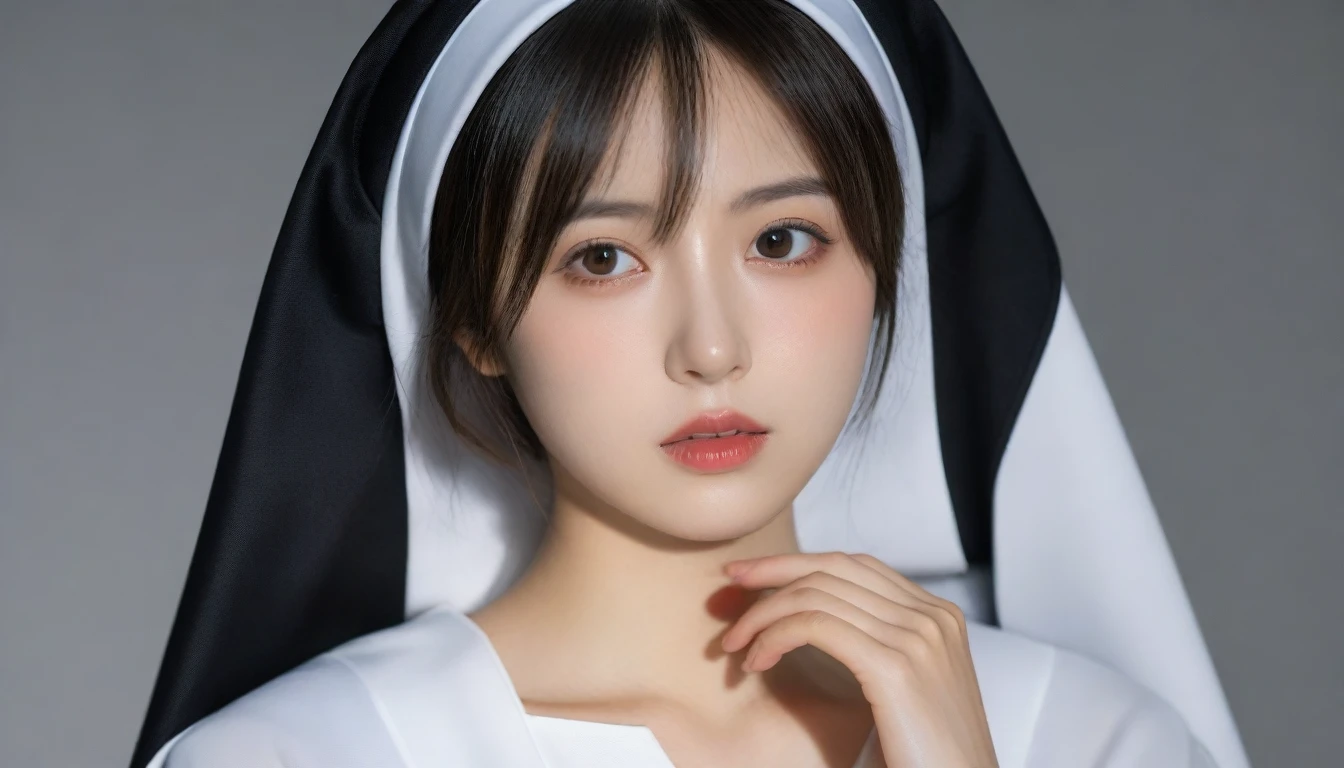 8k, Ultra-high resolution, Highest quality, masterpiece, 三分割法によるphotograph,Surreal, photograph, 1 Girl, (16 years old:1.3), pretty girl, Cute Face, Beautiful eyes in every detail, 細かくdetailedに,masterpiece,One Girl:1.2, Japan Female Announcer,extream close up,sad,streaming tears,Black short hair,Messy hair,(Nun's clothing:1.3),(印象派の美しい少女のPortraiture), (Gray background:1.3),(Impressionist light and colour),prayer,Realistic Skin, Perfect and beautiful face ,完璧でCute Face, Skin with attention to detail, Perfect limbs、Narrow waist,Looking at the audience、beauty,Long neck,clavicle,(((Ideal body type))),A cup small breasts :2,Portraiture:2,Perfect Anatomy,鮮明なdetailed,detailed,Surreal,Light and shadow,spotlight