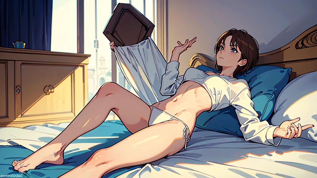 beautiful girl, slender, boyish, handsome short hair, brown hair, (wear a white long-sleeved T-shirt), (white bikini panties) , Perfect hands, Perfect body, reclining, leaning back, leg up, (bare foot), ((looking away)), relaxing, seduction, room, midnight, ((Exquisite detail)), Very finely crafted fingers(((10 fingers))), (full body showcase), (Show your whole body), (No logos on background), (No logo), ( from below),