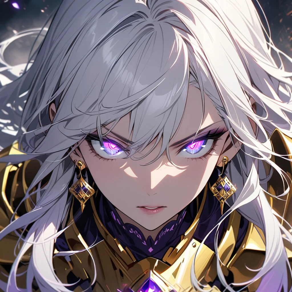 woman, long hair, white hair, mature, god eyes, diamond earings, two colors eyes, one blue eye, one purple eye, glowing eyes, beautiful, detailed, golden armor