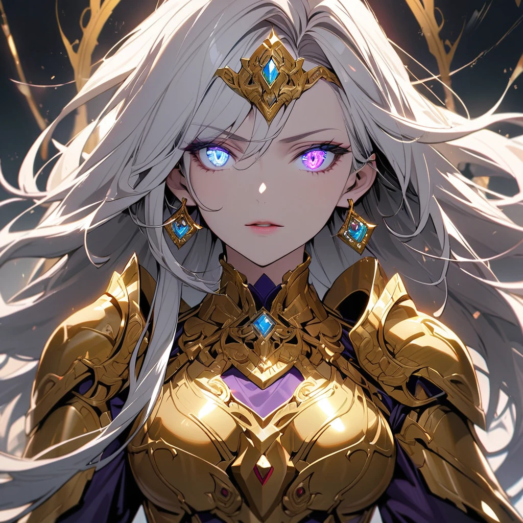 woman, long hair, white hair, mature, god eyes, diamond earings, two colors eyes, one blue eye, one purple eye, glowing eyes, beautiful, detailed, golden armor