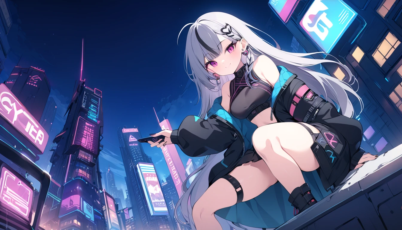 Highest quality, masterpiece, Ultra-high resolution,A woman standing on top of a building overlooking the city at night，Neon Town, cyber punk vibe, cyber punk art style, cyber punk vibes, digital cyber punk - anime art, cyber punk themed art, cyber punk anime art, digital cyber punk anime art, in cyber punk style, cyber punk artstyle, has cyber punk style, anime cyber punk art, in cyber punk city, cyber punk art, cyber punk))), cyber punk style, style of cyber punk, Multicolored Hair, Grey Hair, Striped Hair, hair ornaments, smile, Black Hair, Clothing cutouts,Black jacket, Earrings, Braiding, tooth,Long Hair

