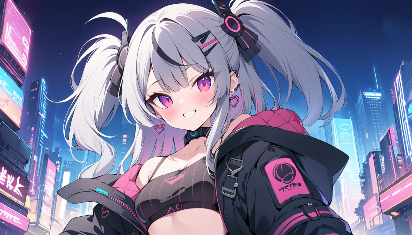 Highest quality, masterpiece, Ultra-high resolution,A woman standing on top of a building overlooking the city at night,Neon Town, cyber punk vibe, cyber punk art style, cyber punk vibes, digital cyber punk - anime art, cyber punk themed art, cyber punk anime art, digital cyber punk anime art, in cyber punk style, cyber punk artstyle, has cyber punk style, anime cyber punk art, in cyber punk city, cyber punk art, cyber punk))), cyber punk style, style of cyber punk, Multicolored Hair, Grey Hair, Striped Hair, hair ornaments, smile, Black Hair, Clothing cutouts,Black jacket, Earrings, Braiding, tooth,Long Hair