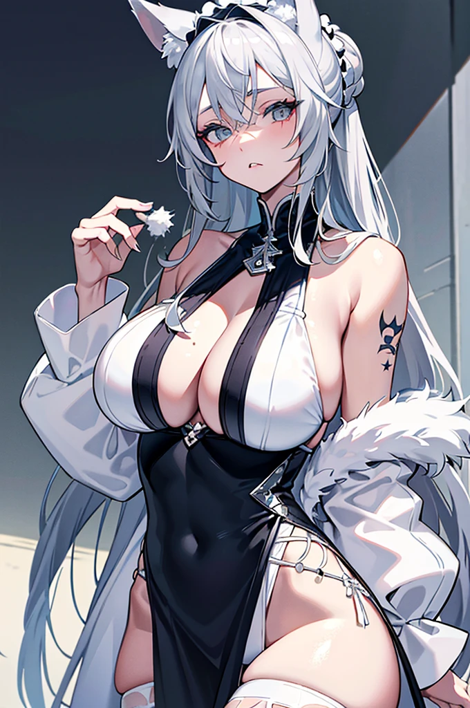 best qualtiy，tmasterpiece，The is very detailed，4K，Gray hair and shallow eyes，Drag cool expressions，Wolf ears，Erect scar on the left eye，British style，1girl，Absolutely beautiful, huge breasts, white costume, animal ear Scrunchie