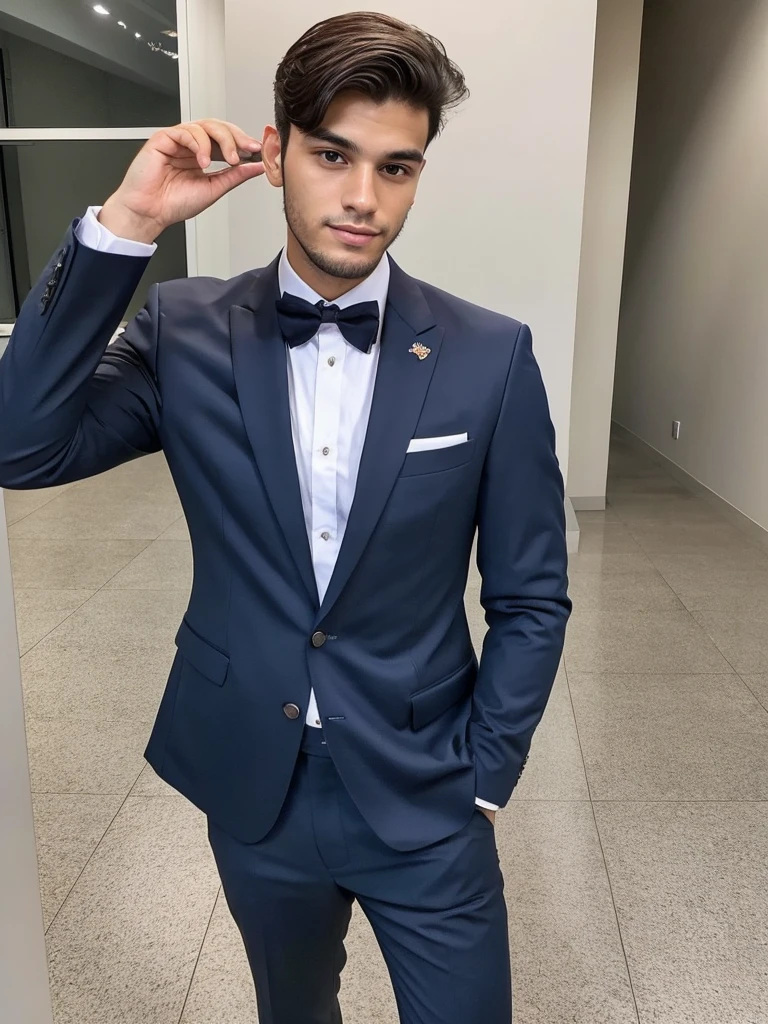 22-year-old Brazilian man in a suit with his hand in his pocket, short hair without beard, no quarto selfie 🤳🏽 realista, and great quality