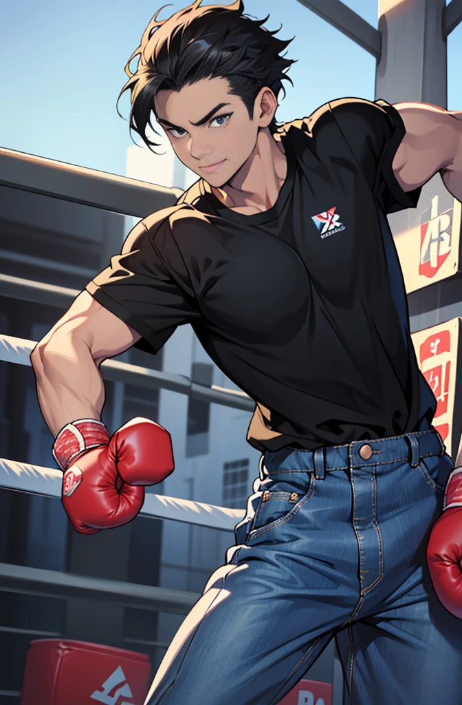 ((Highest quality))、((8K))、((high resolution))、((Masterpiece))、((Superb details))、((anime style))、handsome man、handsome boy in anime、((Looking at the camera from the side))、((stand))、(stalwart)、Medium structure、medium height、((Boxing fighting moves:1.4))、uneven black hair、Black eyes reminiscent of darkness.、His eyes were full of intent to kill the enemy.、(sharp, Strong and clear eyes)、natural eyebrows、very short hair、I waved my hair carelessly.、A fearless smile、ฟันเขี้ยวแหลมsharpราวกับสัตว์ร้าย、Plain black sports t-shirt、Dark blue jeans、The wind is blowing、street fighting