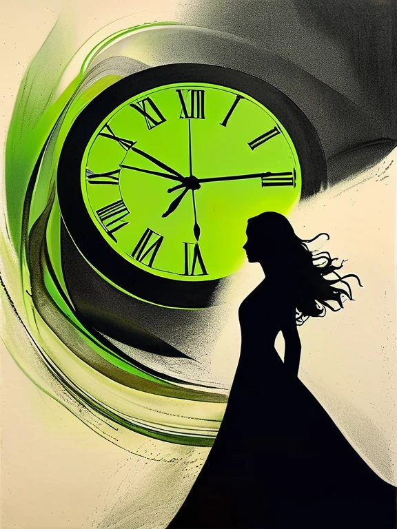 Charcoal drawing, black pencil drawing, pencil drawing, line drawing, black and white drawing, graphite drawing, toned paper, A bright green monochrome image of a woman's silhouette, determinedly walking against the flow of time, represented by a clock that seems to disintegrate behind her. Her shadow is long, stretching across the stage, and she wears a flowing, elegant dress that reflects the light. The atmosphere is both mysterious and inspiring, with a sense of urgency in the air. Art by Antonio Mora, Andre Cohn, Arthur Bordalo, Bob Ringwood, Benedick Ban