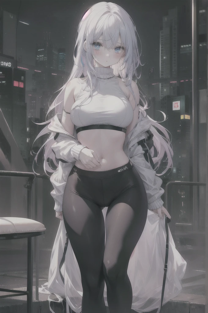 girl:1.3), Solitary, __body parts__ Delicate and realistic skin, Pale skin, Large target, Official Art, Unity 16K Wallpaper, Ultra Detailed, beauty, masterpiece, best quality, Awesome atmosphere, Calming color palette, A calm mood, Soft shadows, , charm,((Large Breasts)),,((Black leggings)),sweater,blush,liquid,cute,Sportswear,Colorful