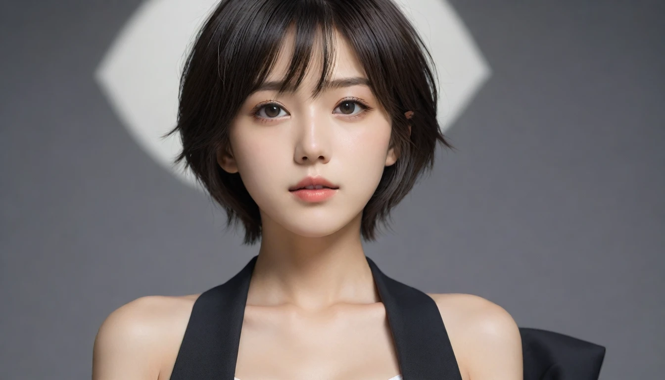 8k, Ultra-high resolution, Highest quality, masterpiece, 三分割法によるphotograph,Surreal, photograph, 1 Girl, (16 years old:1.3), pretty girl, Cute Face, Beautiful eyes in every detail, 細かくdetailedに,masterpiece,One Girl:1.2, Japan Female Announcer,upper body,from below,sad,streaming tears,Black short hair,Messy hair,(black suit:1.3),mourning clothes,(印象派の美しい少女のPortraiture), (Gray background:1.3),(Impressionist light and colour),Realistic Skin, Perfect and beautiful face ,完璧でCute Face, Skin with attention to detail, Perfect limbs、Narrow waist,Looking at the audience、beauty,Long neck,clavicle,(((Ideal body type))),A cup small breasts :2,Portraiture:2,Perfect Anatomy,鮮明なdetailed,detailed,Surreal,Light and shadow,spotlight
