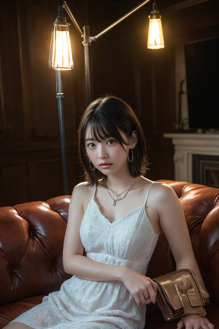 (Highest quality:1.4),(masterpiece:1.4),(Realistic:1.4),(Realistic:1.2),(超High resolution, RAW Photos:1.4),(High resolution, Ultra-detailed:1.2),(8k:1.2),View your viewers,Cinematic photography,One girl,skeletally correct,Black-haired woman,Woman in her early 20s,(Small earrings,necklace,Metallic Dresses),(Western-style building interior,Dimly lit room,The lamplight shines on my cheeks,Sit on the sofa)