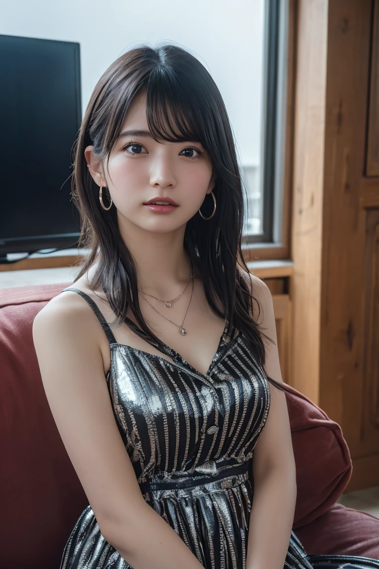 (Highest quality:1.4),(masterpiece:1.4),(Realistic:1.4),(Realistic:1.2),(超High resolution, RAW Photos:1.4),(High resolution, Ultra-detailed:1.2),(8k:1.2),View your viewers,Cinematic photography,One girl,skeletally correct,Black-haired woman,Woman in her early 20s,(Small earrings,necklace,Metallic Dresses),(Western-style building interior,Dimly lit room,The lamplight shines on my cheeks,Sit on the sofa)