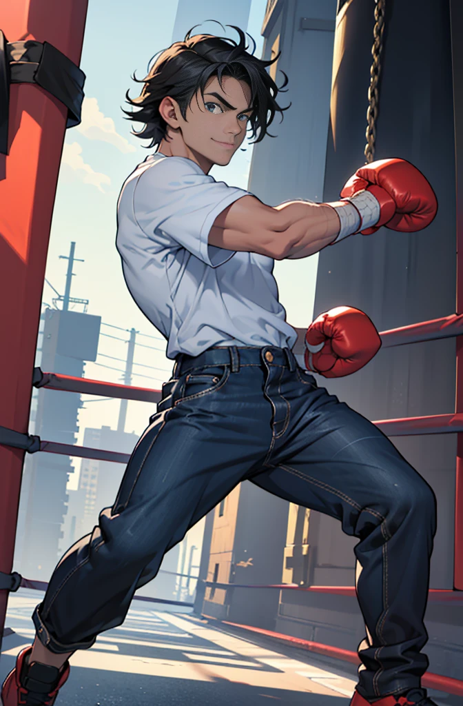 ((Highest quality))、((８K))、((high resolution))、((Masterpiece))、((Superb details))、((anime style))、handsome man、handsome boy in anime、((Looking at the camera from the side))、((stand))、(stalwart)、Medium structure、medium height、((Boxing fighting moves:1.4))、uneven black hair、Black eyes reminiscent of darkness.、His eyes were full of intent to kill the enemy.、（sharp, Strong and clear eyes）、natural eyebrows、very short hair、I waved my hair carelessly.、A fearless smile、ฟันเขี้ยวแหลมsharpราวกับสัตว์ร้าย、Plain black sports t-shirt、Dark blue jeans、The wind is blowing、street fighting