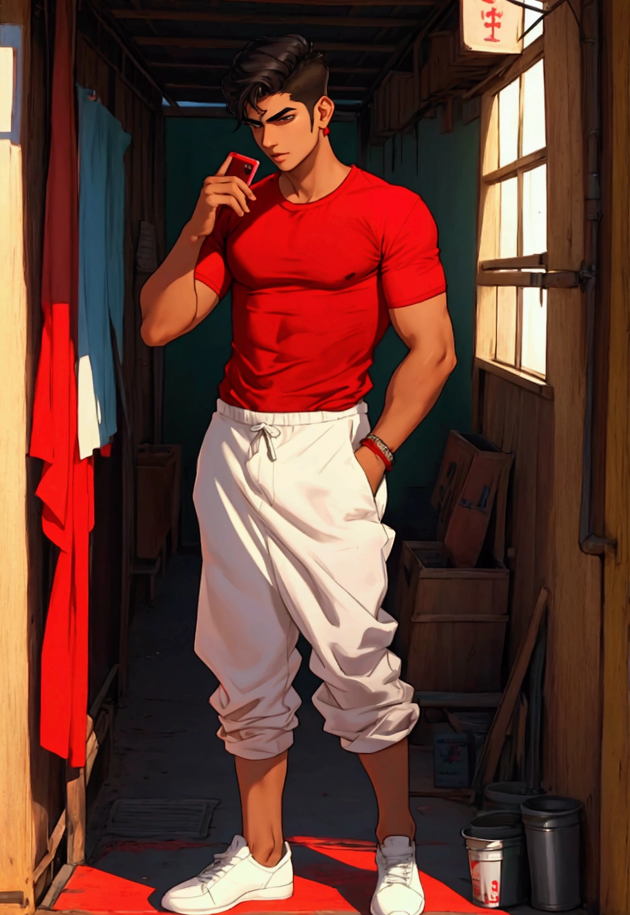A 20 years old Indian boy wearing red t shirt , he is handsome , fair skintoned
He is talking to someone on touch screen phone
Please provide cartoon style image and full body wide image