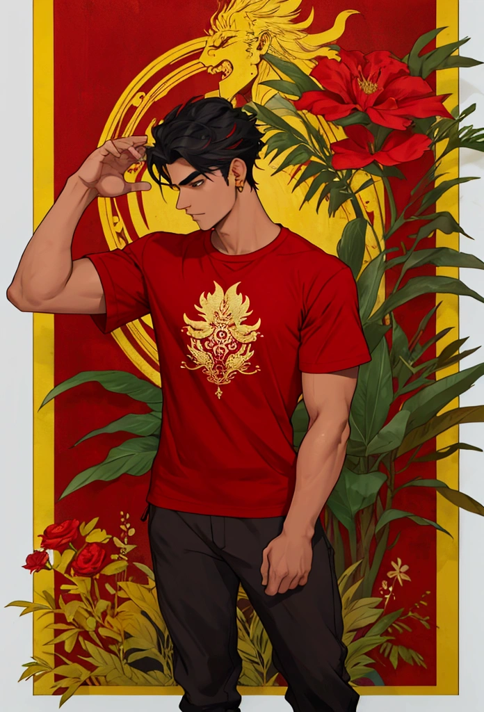 A 20 years old Indian boy wearing red t shirt , he is handsome , fair skintoned
He is talking to someone on touch screen phone 
Please provide cartoon style image and full body wide image