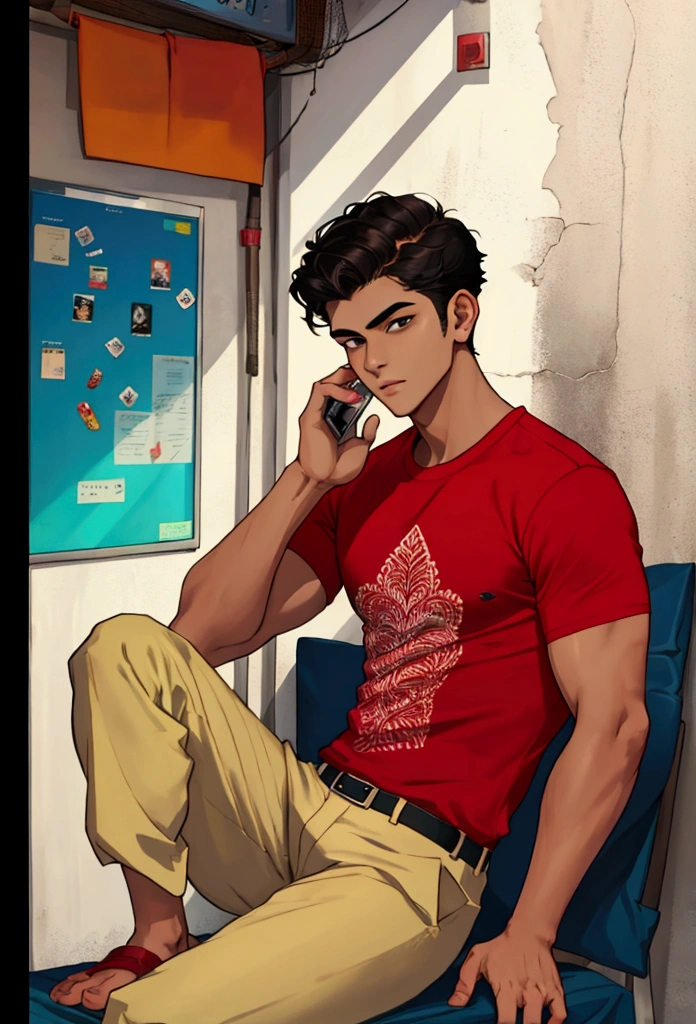 A 20 years old Indian boy wearing red t shirt , he is handsome , fair skintoned
He is talking to someone on touch screen phone
Please provide cartoon style image and full body wide image